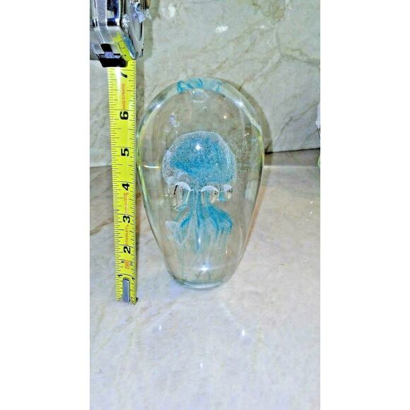 Jellyfish Glass 7" Tall Handblown Paperweight Ocean Man O War Light Blue Clear - Picture 3 of 10